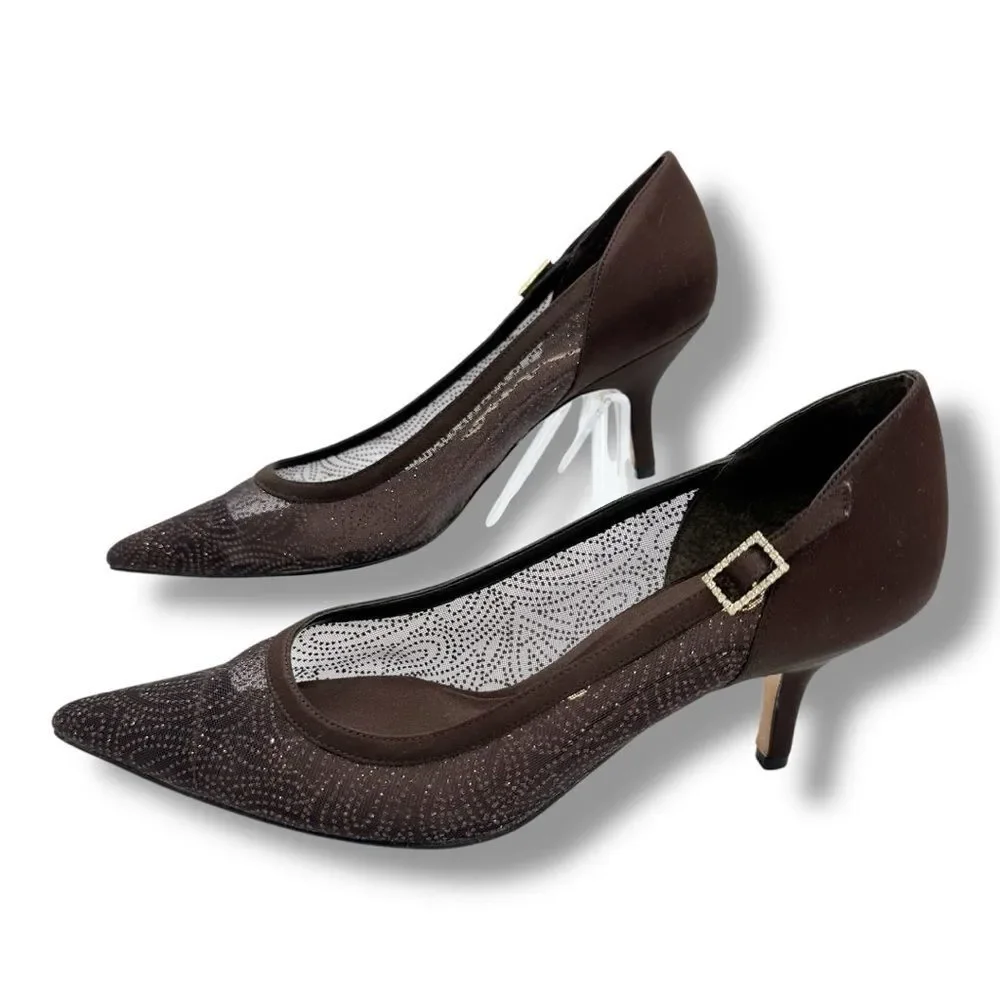 Women's Nina Cocoa Brown Sheer Glitter Satin Formal Pumps Heels Shoes size 8M‎